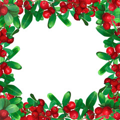 Elegant botanical watercolor hand drawn frame, adorned with vibrant red cranberries and green leaves. Floral design template for wedding invitations, greeting cards, social media banners