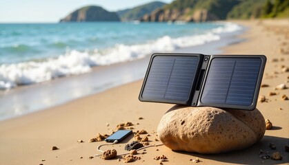 Solar panels charging a smartphone on a rock at the beach, with gentle waves and mountains in the background, modern concept of renewable energy or tech gadgets