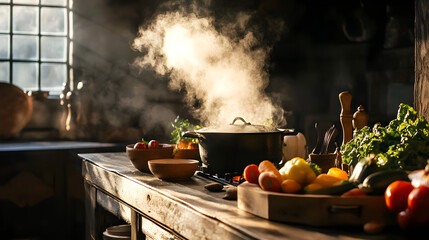 Rustic Kitchen with Steaming Pot and Fresh Vegetables