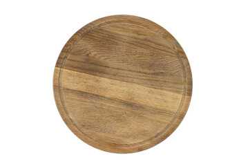 Empty round wooden plate isolated on white