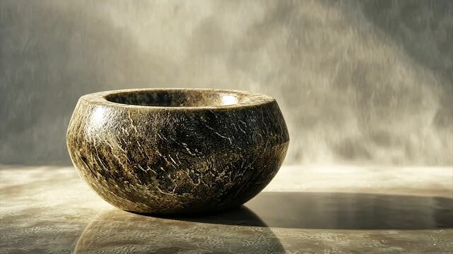 Dark stone bowl, subtly lit, sits on a neutral surface