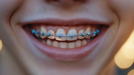 Obraz premium Extreme close-up of smiling mouth with metallic blue braces and clean teeth, softly lit background