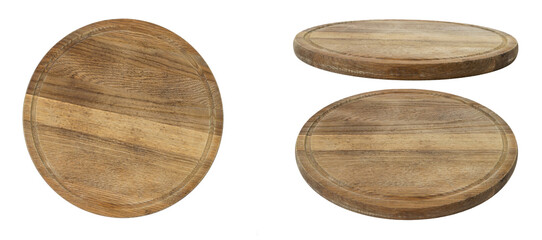 Top view and perspective of empty wood plate isolated on white