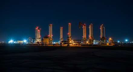 Obraz premium Illuminated Industrial Complex: Nightscape of Towers and Lights on a Dark Plain.