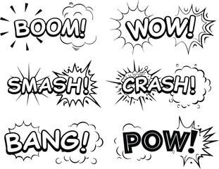 Comic Book Style Sound Effects Boom, Wow, Smash, Crash, Bang, Pow