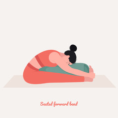Fototapeta premium Seated forward bend with bolster. Young woman practicing Yoga pose. Woman workout fitness, aerobic and exercise
