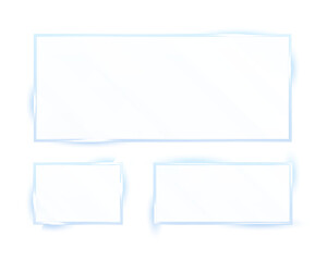 Glass plate set on transparent background PNG. Realistic transparent glass window in rectangle frame. Glowing borders. Objects with shadows.