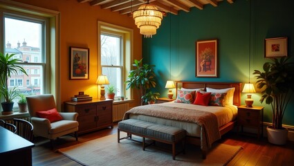 A charming eclectic bedroom that blends rustic and modern styles, featuring a wooden bed frame, natural textiles, stylish pillows, warm lighting and lush greenery that adds life.