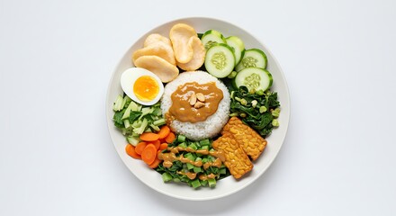 Delicious Plate of Food with Rice, Vegetables, and Egg on White Background