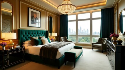 Fototapeta premium A glamorous Hollywood Regency bedroom with a chandelier, tufted emerald headboard, matching bench, black-gold nightstands, elegant lamps, large windows, and beige curtains offering a cityscape view