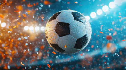 Fototapeta premium soccer ball is flying through air amidst colorful confetti and bright stadium lights, creating exciting atmosphere of celebration and sport
