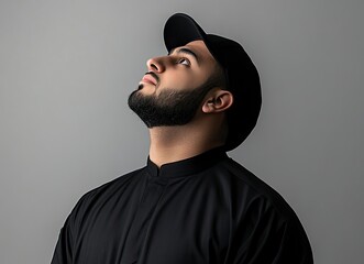 Man with Beard Wearing Hat Looking Up Against Plain Background