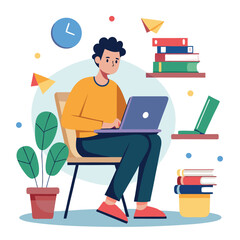 a boy is using his laptop vector