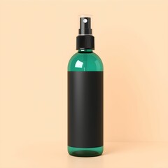 Green glass spray bottle, minimalist design, black label, product photography, beige background, clean aesthetic, cosmetic packaging, matte finish, studio lighting, simple composition