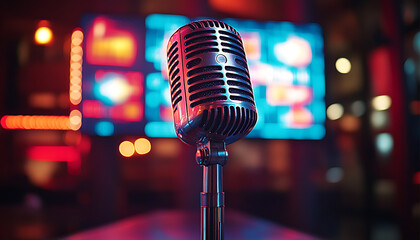 Vintage Microphone on Stage with Colorful Neon Lights