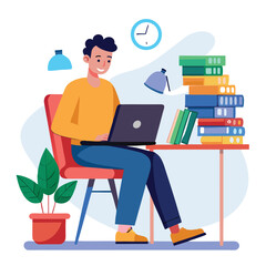 a boy is using his laptop vector