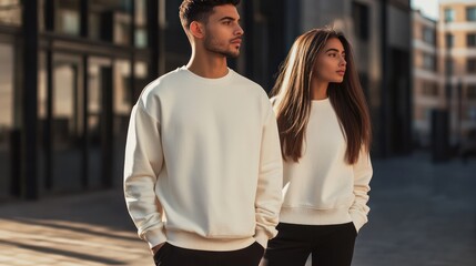 Couple models urban streetwear cream sweatshirts city background fashion catalog