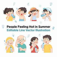Sweating People in Hot Weather – Editable Line Art Vector