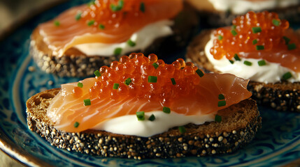 food, salmon, bread, fish, snack, caviar, meal, red, sandwich, seafood, cheese, appetizer, dinner, healthy, delicious, fresh, gourmet, meat, breakfast, salad, toast, plate, closeup, cuisine, white