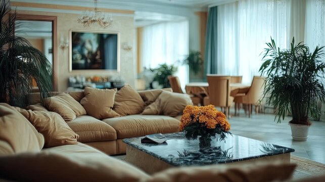 elevate your space with a stunning poster: experience opulence and sophistication in a luxurious living room featuring marble accents, plush seating, and gold decor!