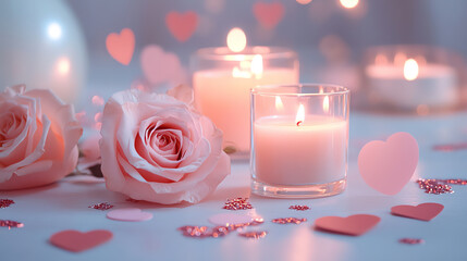 A romantic setup featuring pink roses, candles, and heart decorations, perfect for creating a warm atmosphere for love.