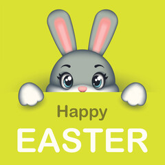 Fototapeta premium Sweet Easter card with a bunny on a green background. Easter rabbit. Symbol of Easter. Vector children's illustration.