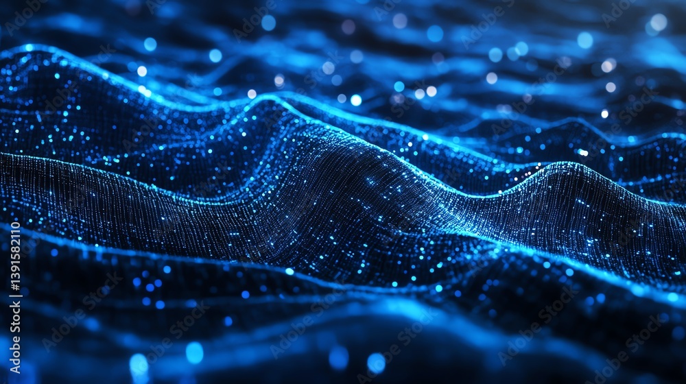 Poster intricate digital wave patterns illuminated by blue light create a mesmerizing visual experience in 