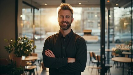 Confident Male Business Owner Smiling with Arms Crossed in his Cafe or Restaurant