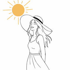 Woman smiling in sun with hat against a bright background  