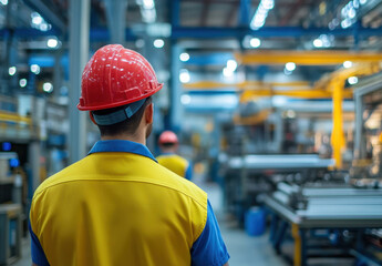 worker in yellow vest and red helmet observes industrial environment, showcasing busy factory setting with machinery and equipment. atmosphere is focused and industrious