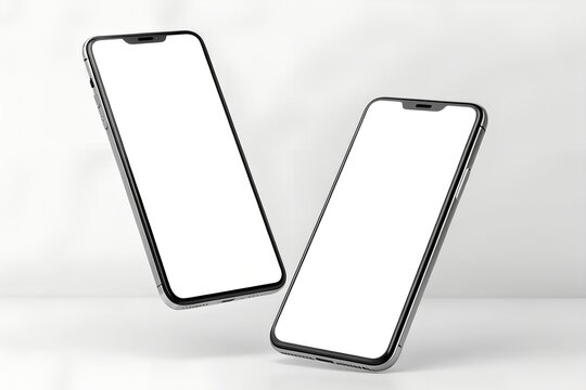 Minimalist mockup of two modern smartphones floating in mid-air with blank white screens. Ideal for mobile UI design, app showcases, or responsive website mockups.