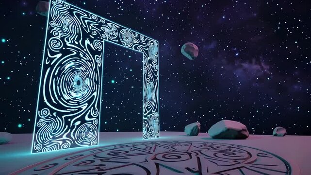 Mystical Dimensional Gate Surrounded by Cosmic Rocks and Patterns
