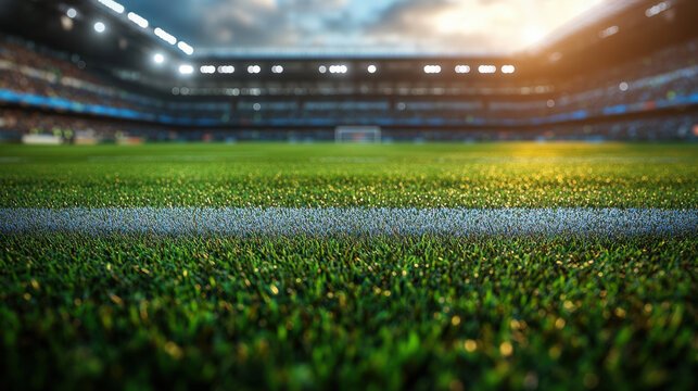 vibrant soccer field with lush green grass, illuminated by warm glow of setting sun, creates inviting atmosphere for fans and players alike. stadium stands background, filled with eager spectators