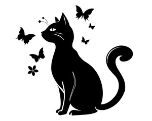 Cat with Butterflies Silhouette Vector & Whimsical Animal SVG