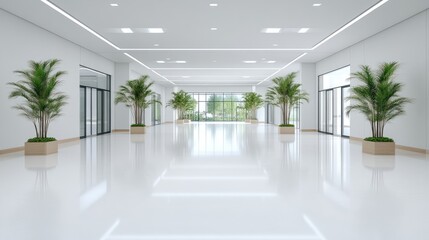 Modern office hallway with large windows and potted plants, sleek and minimalist design, and natural light illuminating the spacious interior.