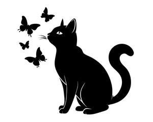 Cat with Butterflies Silhouette Vector & Whimsical Animal SVG