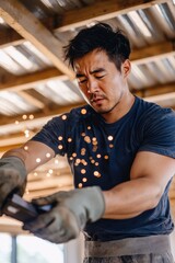 Obraz premium Focused Male Welder Creating Sparks in a Bright Workshop Setting