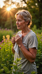 Fototapeta premium Mature woman reflecting amidst vibrant nature at sunset 