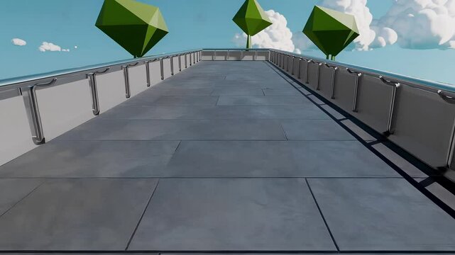 Futuristic Walkway Scene with Geometric Shapes and Sky Background