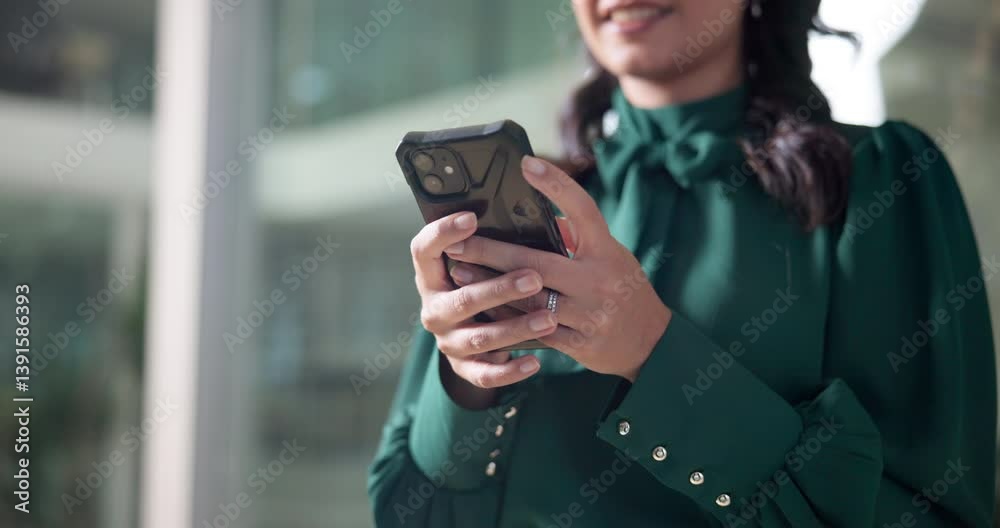 Poster app, hands and phone with business woman closeup in office for alert, communication or notification.