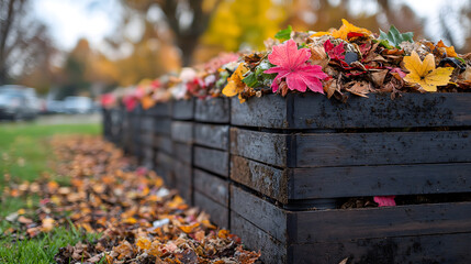 row of wooden composting bins filled with colorful autumn leaves, including red, yellow, and brown, is set in park. vibrant foliage creates lively and eco friendly scene