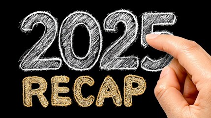 Hand Uncovering 2025 Recap in Gold Glitter Chalk on Black