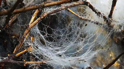 Spiderweb in Branch : A stunning macro shot highlights the intricate design of a spiderweb intricately woven among twigs, displaying the delicate architecture of nature's craftsman.