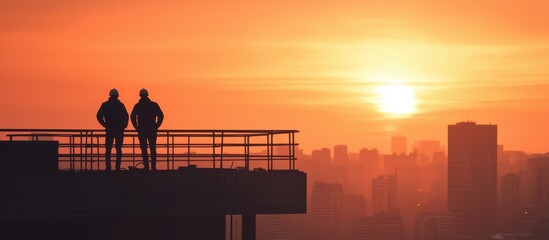 Two Workers Silhouetted Against a Beautiful Sunset Over Cityscape