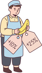 Confused Vendor Holding a Banana with Two Price Tags - Inflation or Pricing Concept Illustration