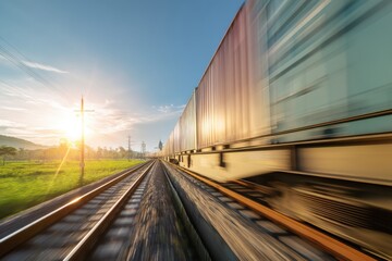 High-Speed Cargo Train Through Green Countryside at Golden Hour