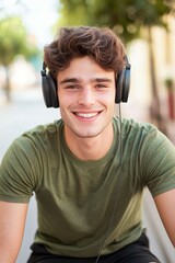 Fototapeta premium Young Man Enjoying Music Outdoors with Headphones on a Sunny Day