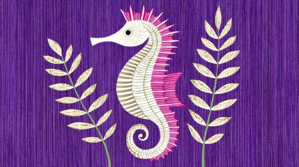 Illustrated Seahorse with Pink Accents on Shimmering Purple Tinsel Background with Leafy Branches