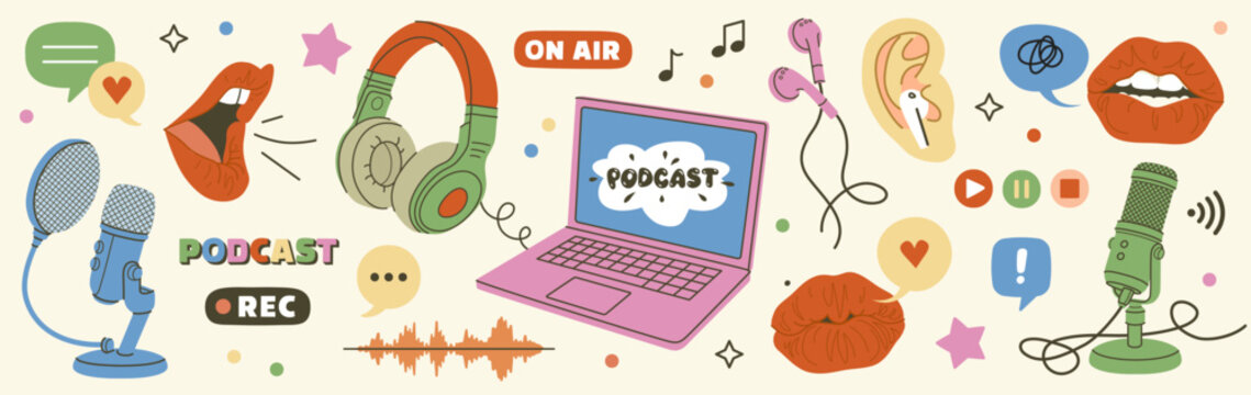 Podcast recording and listening, broadcasting, online radio, audio streaming service elements set isolated on background. Headphones, microphone, laptop, equalizer, speech bubbles. Vector illustration