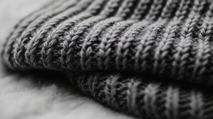 Close-up of dark gray knitted fabric with ribbed texture